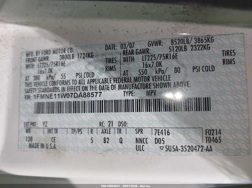 FORD E-150 2007 VIN 1FMNE11W07DA88577
