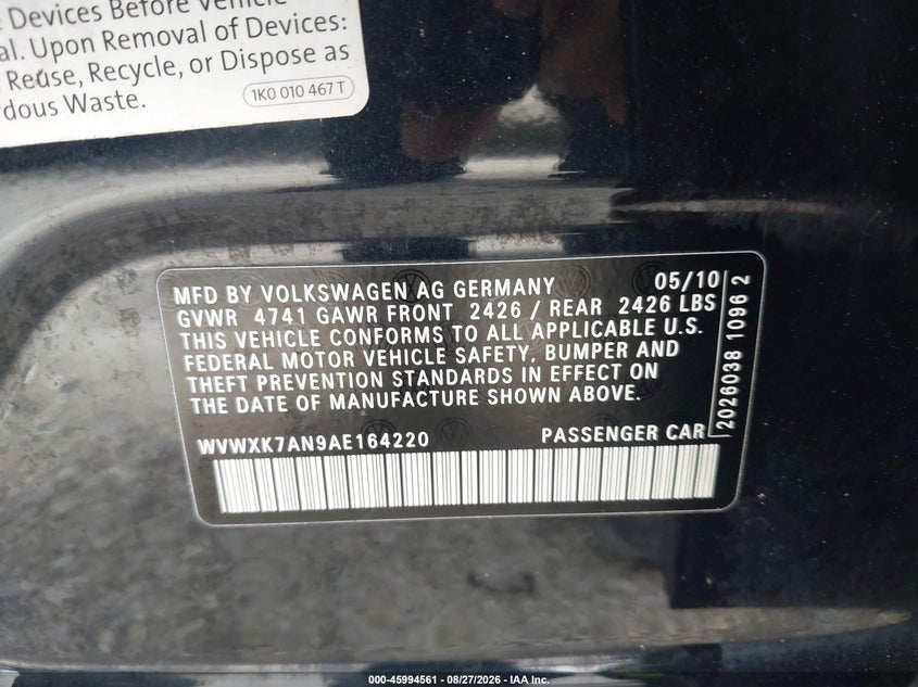VOLKSWAGEN PASSAT 2010 VIN WVWXK7AN9AE164220