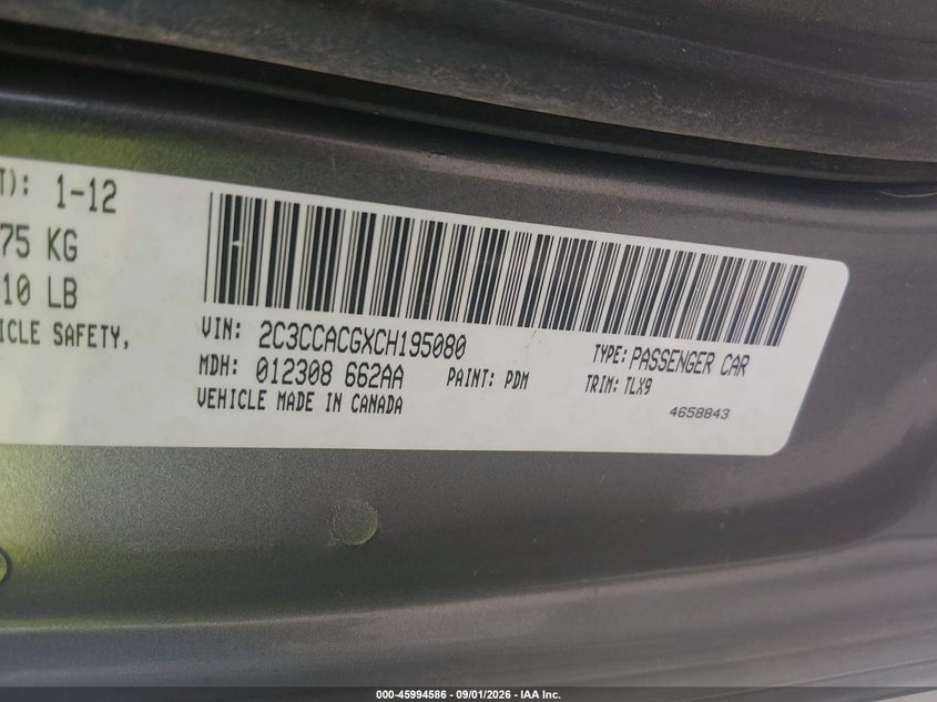 CHRYSLER 300 2012 VIN 2C3CCACGXCH195080