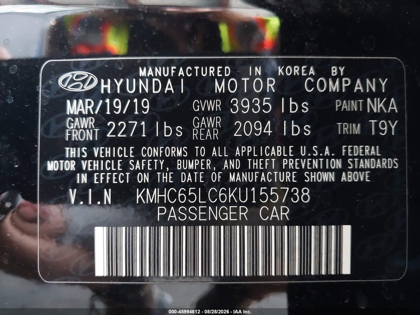 HYUNDAI IONIQ HYBRID 2019 VIN KMHC65LC6KU155738