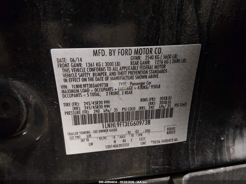LINCOLN MKS 2014 VIN 1LNHL9FT3EG609738