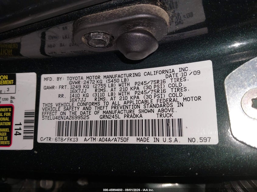 TOYOTA TACOMA 2010 VIN 5TELU4EN1AZ699525