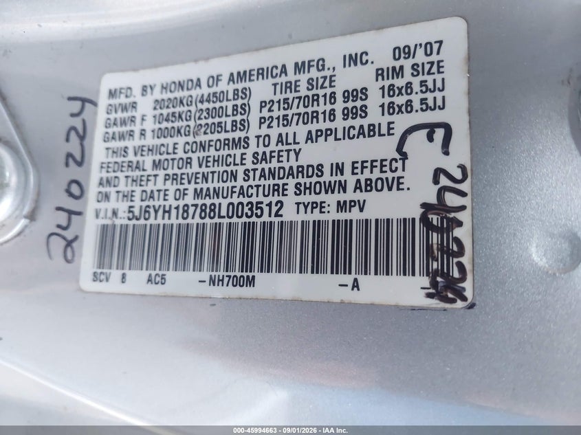 HONDA ELEMENT 2008 VIN 5J6YH18788L003512