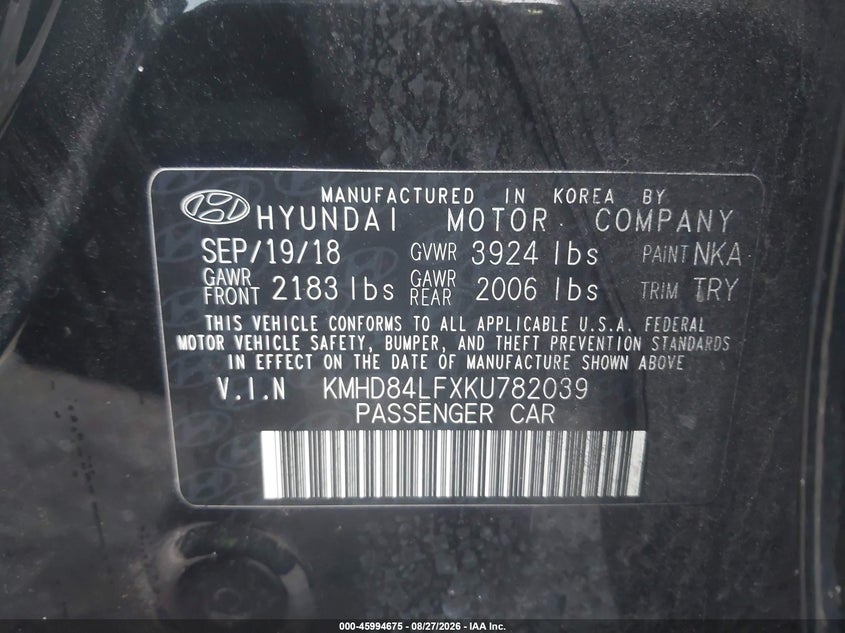 HYUNDAI ELANTRA 2019 VIN KMHD84LFXKU782039