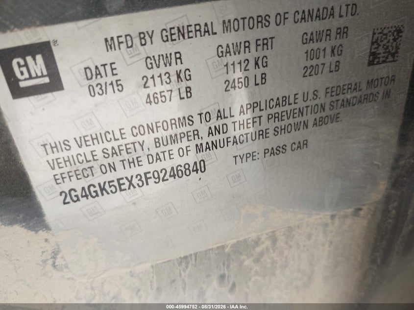 BUICK REGAL 2015 VIN 2G4GK5EX3F9246840