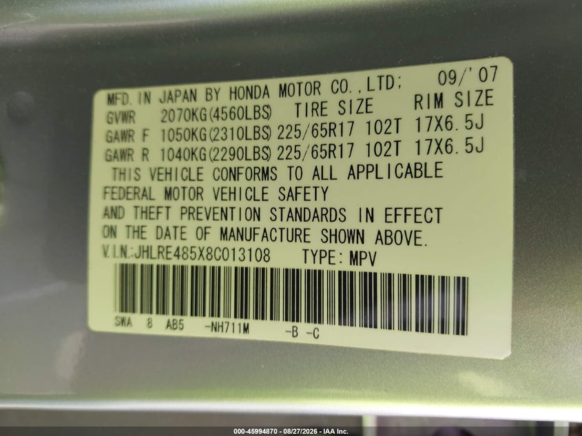 HONDA CR-V 2008 VIN JHLRE485X8C013108