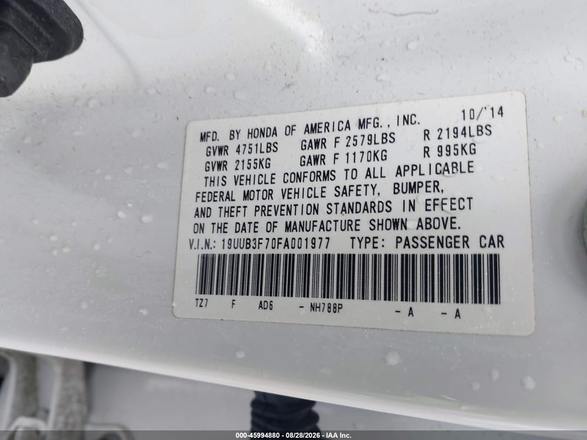 ACURA TLX 2015 VIN 19UUB3F70FA001977