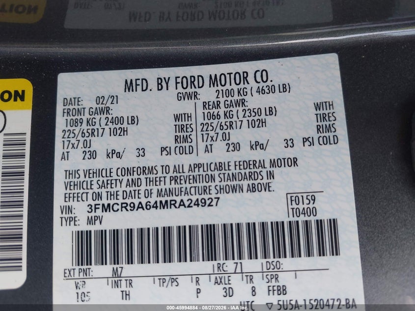 FORD BRONCO SPORT 2021 VIN 3FMCR9A64MRA24927