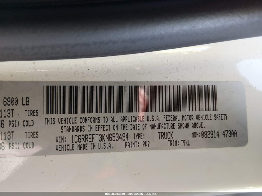 RAM 1500 2019 VIN 1C6RREFT3KN653494