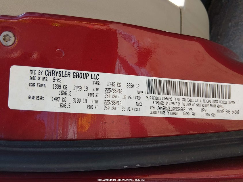 CHRYSLER TOWN & COUNTRY 2010 VIN 2A4RR4DE2AR150669