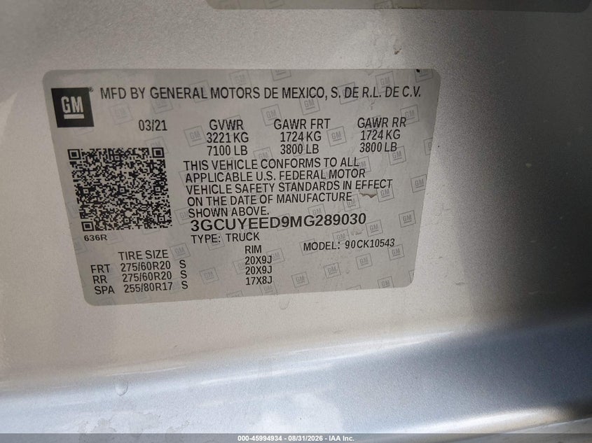 CHEVROLET SILVERADO 1500 2021 VIN 3GCUYEED9MG289030