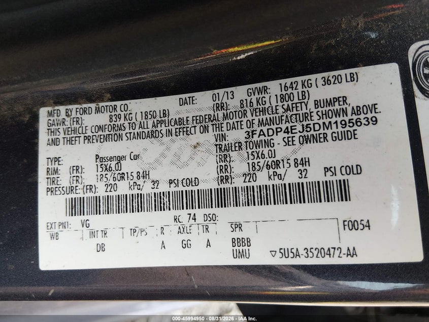 FORD FIESTA 2013 VIN 3FADP4EJ5DM195639
