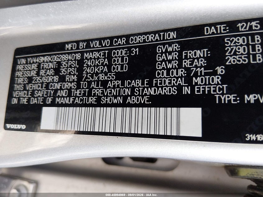 VOLVO XC60 2016 VIN YV449MRK0G2884018