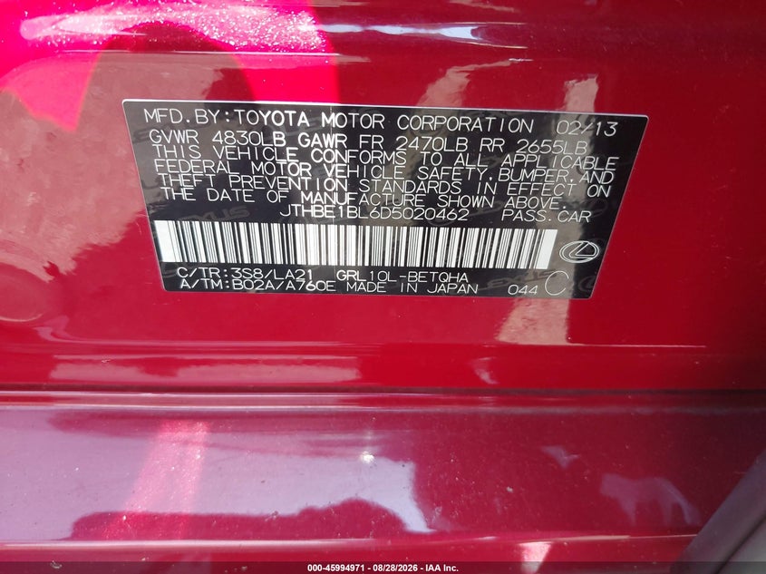 LEXUS GS 350 2013 VIN JTHBE1BL6D5020462