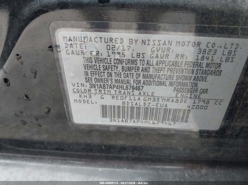 NISSAN SENTRA 2017 VIN 3N1AB7AP4HL679467