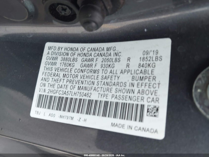 HONDA CIVIC SI 2020 VIN 2HGFC3A57LH750462