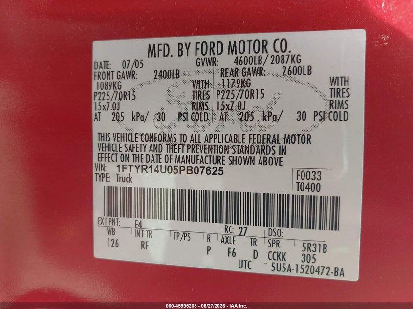 FORD RANGER 2005 VIN 1FTYR14U05PB07625
