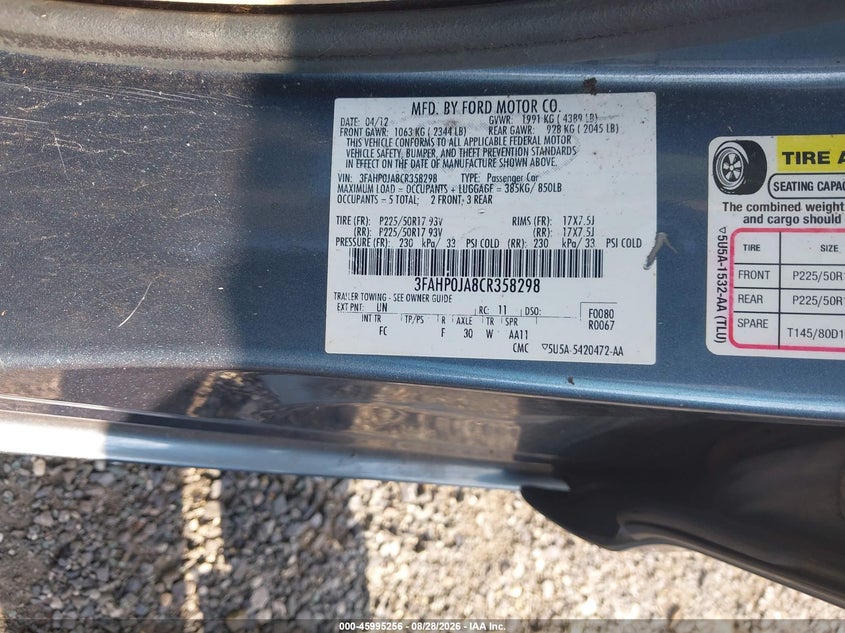 FORD FUSION 2012 VIN 3FAHP0JA8CR358298