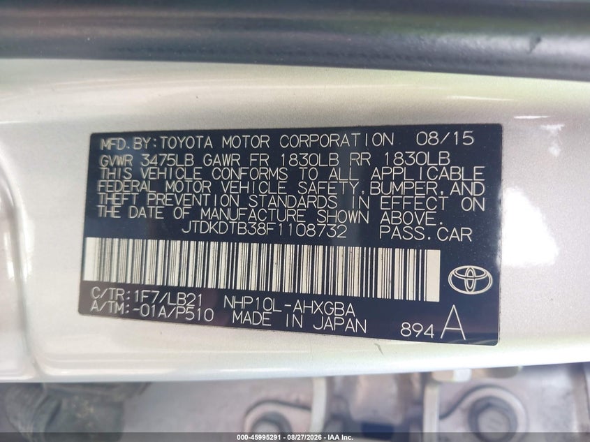 TOYOTA PRIUS C 2015 VIN JTDKDTB38F1108732