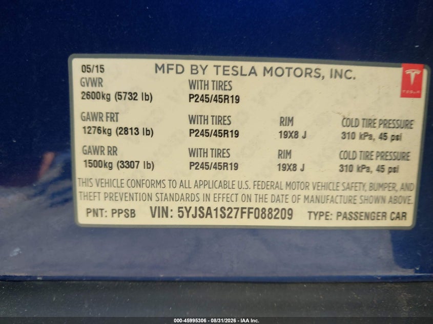 TESLA MODEL S 2015 VIN 5YJSA1S27FF088209