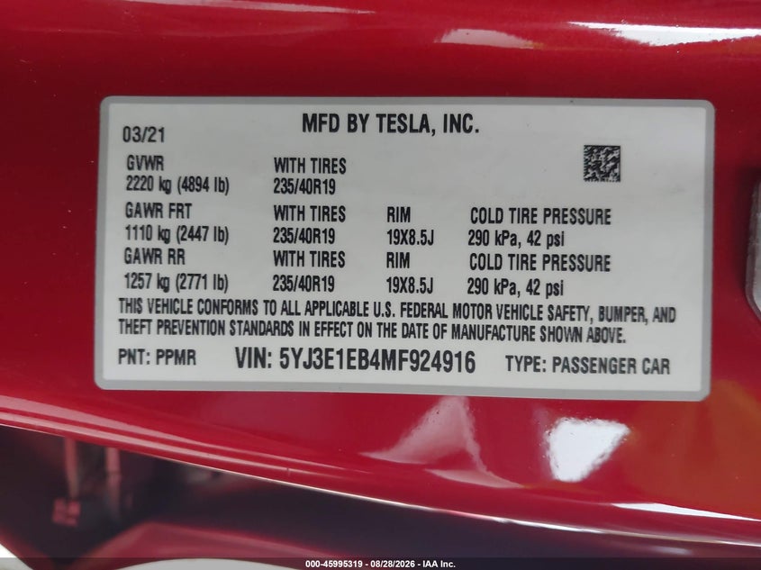 2021 TESLA MODEL 3 SEDAN ELECTRIC