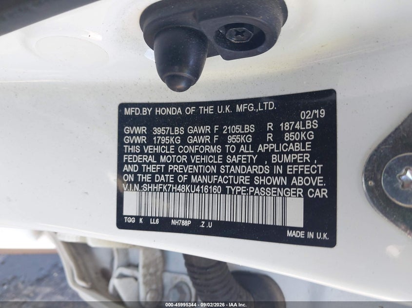HONDA CIVIC 2019 VIN SHHFK7H48KU416160
