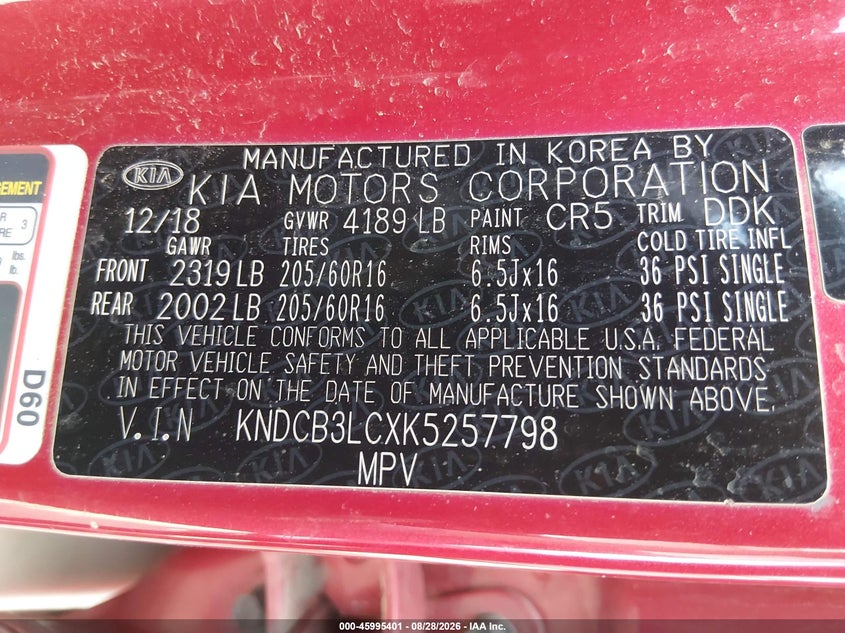 KIA NIRO 2019 VIN KNDCB3LCXK5257798
