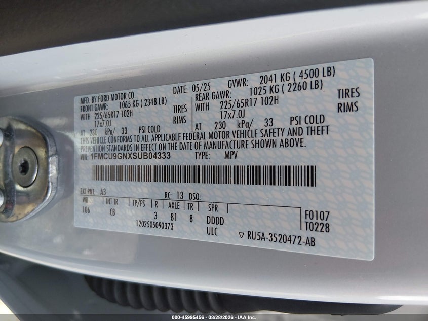 FORD ESCAPE 2025 VIN 1FMCU9GNXSUB04333