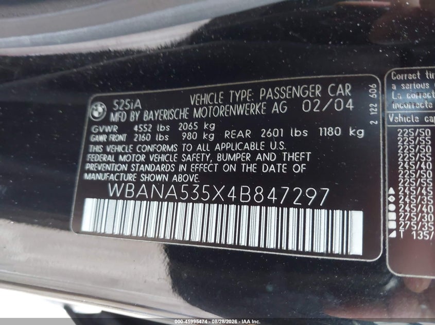 BMW 525I 2004 VIN WBANA535X4B847297