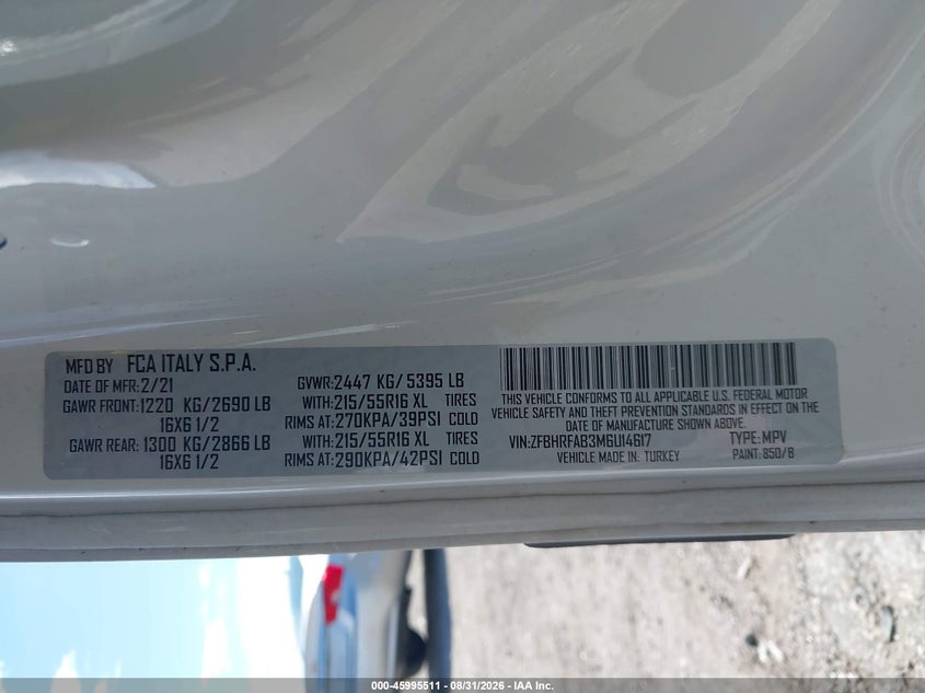 RAM PROMASTER CITY 2021 VIN ZFBHRFAB3M6U14617