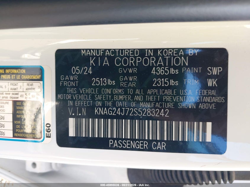 KIA K5 2025 VIN KNAG24J72S5283242