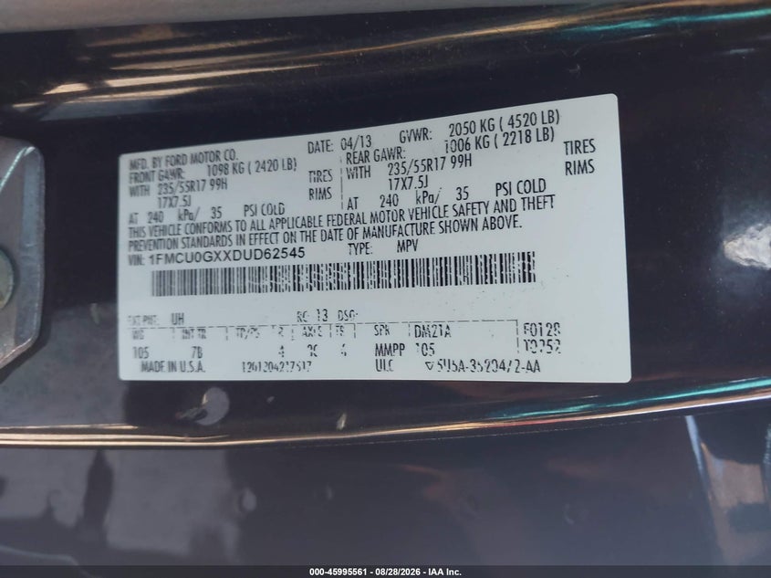 2013 FORD ESCAPE SPORT UTILITY VEHICLE 1.6L I-4 DI, DOHC, VVT, TURBO, REGULAR , 173HP