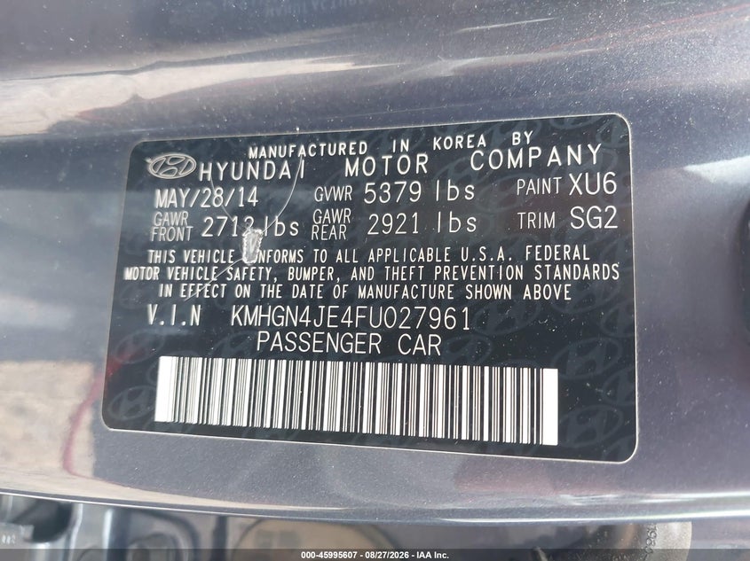 HYUNDAI GENESIS 2015 VIN KMHGN4JE4FU027961