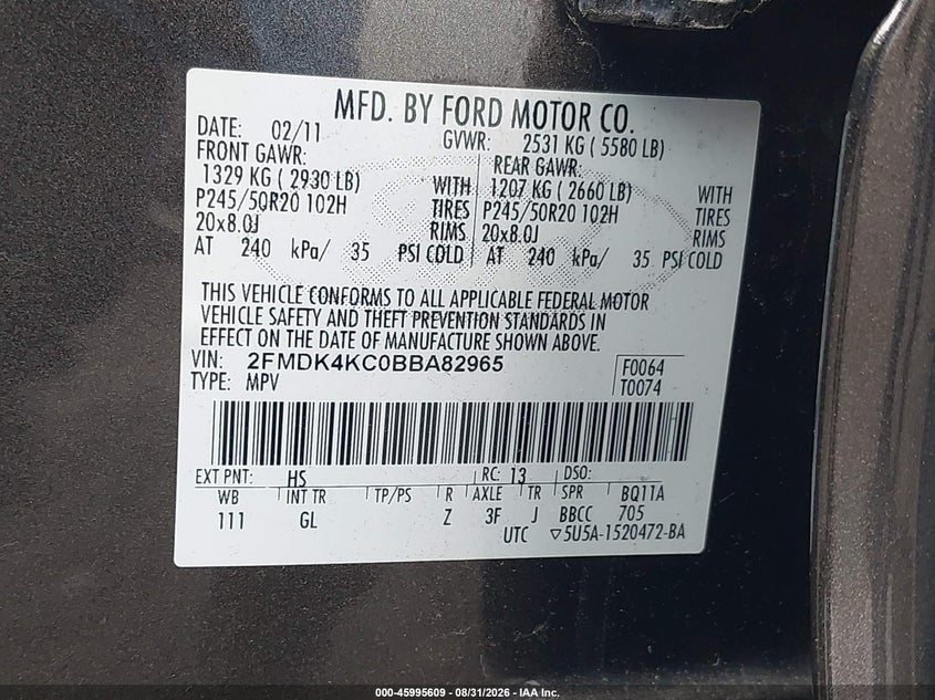 2011 FORD EDGE SPORT UTILITY VEHICLE 3.5L V-6 DOHC, VVT, REGULAR , 285HP