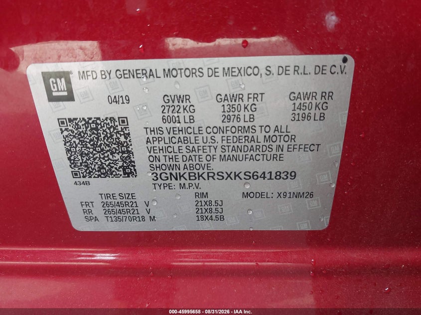 CHEVROLET BLAZER 2019 VIN 3GNKBKRSXKS641839