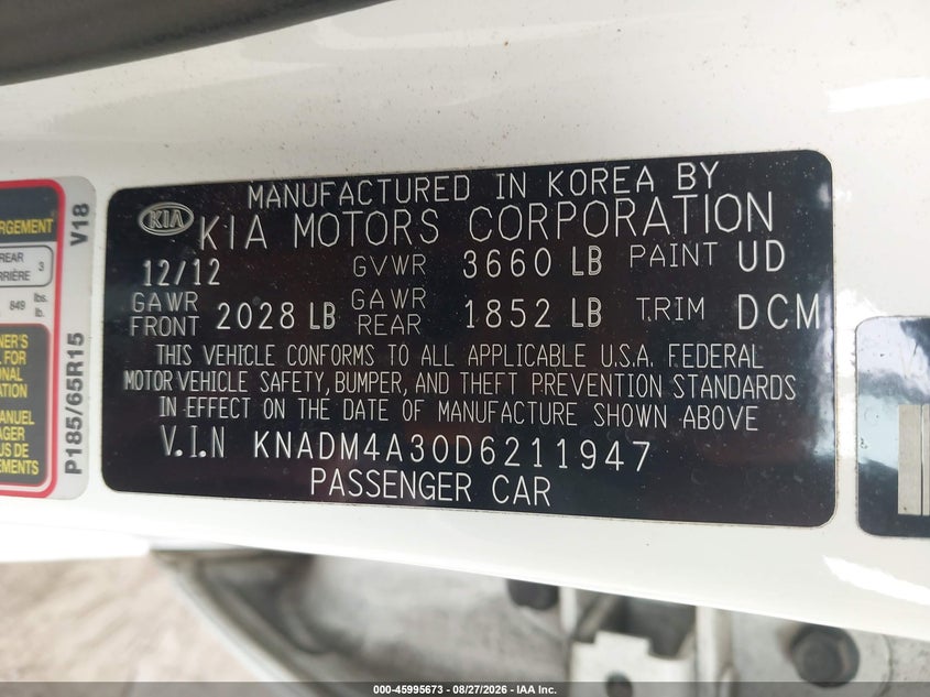 KIA RIO 2013 VIN KNADM4A30D6211947