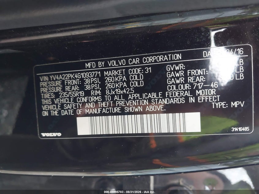 VOLVO XC90 2016 VIN YV4A22PK4G1093771