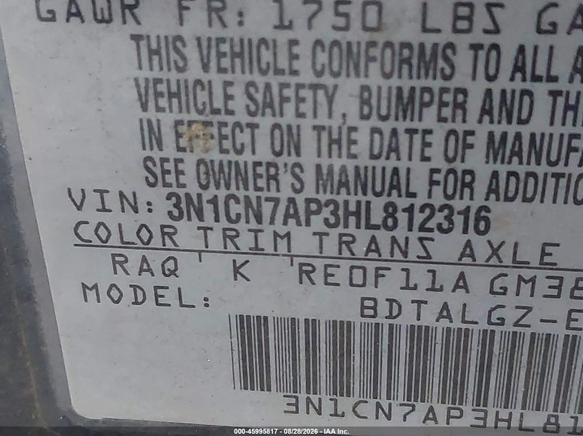 NISSAN VERSA 2017 VIN 3N1CN7AP3HL812316