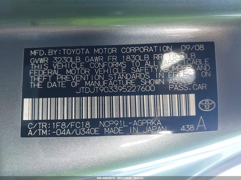 TOYOTA YARIS 2009 VIN JTDJT903395227600