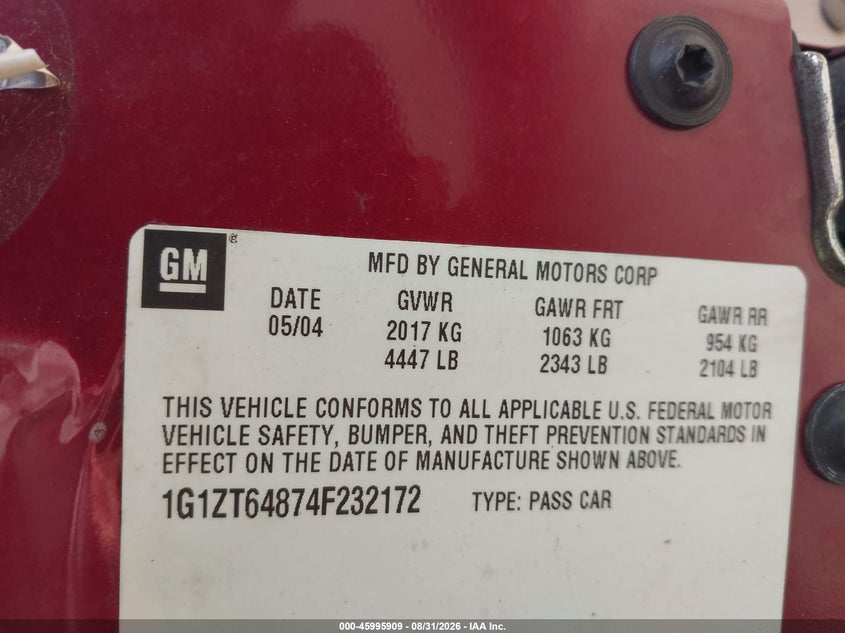 CHEVROLET MALIBU MAXX 2004 VIN 1G1ZT64874F232172