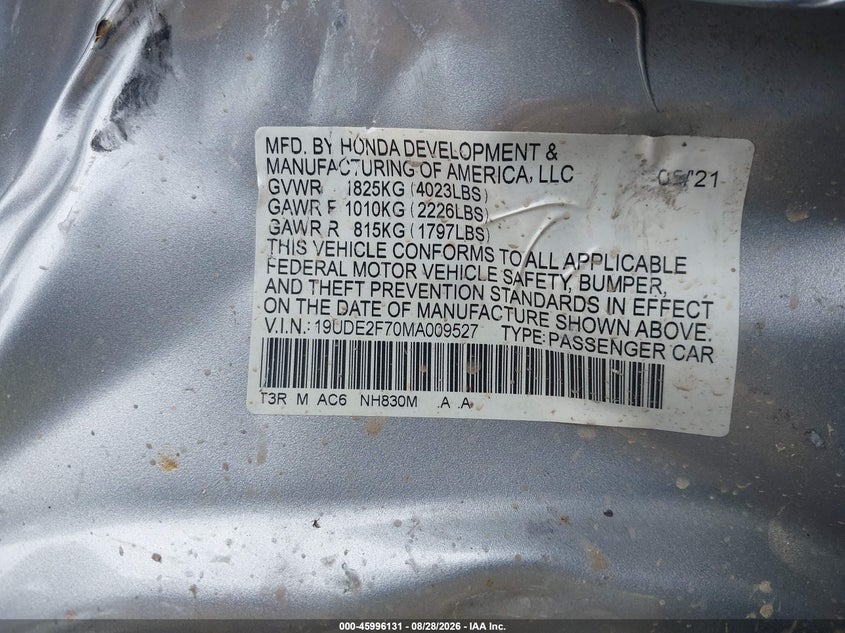 ACURA ILX 2021 VIN 19UDE2F70MA009527