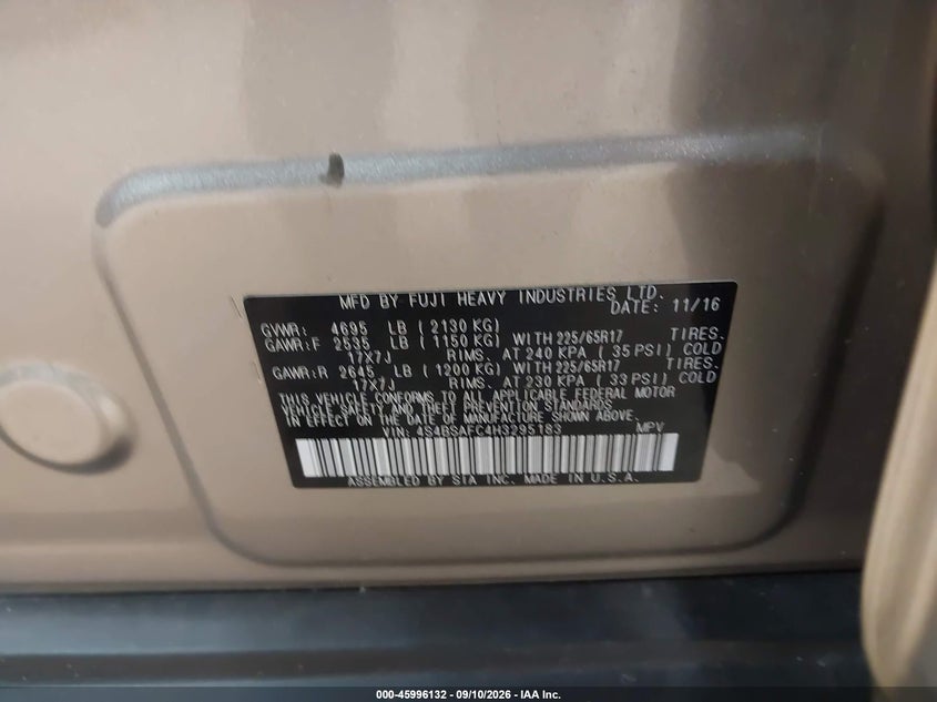 SUBARU OUTBACK 2017 VIN 4S4BSAFC4H3295183