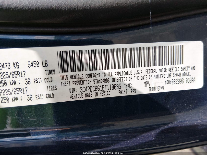 DODGE JOURNEY 2014 VIN 3C4PDCBG1ET118695