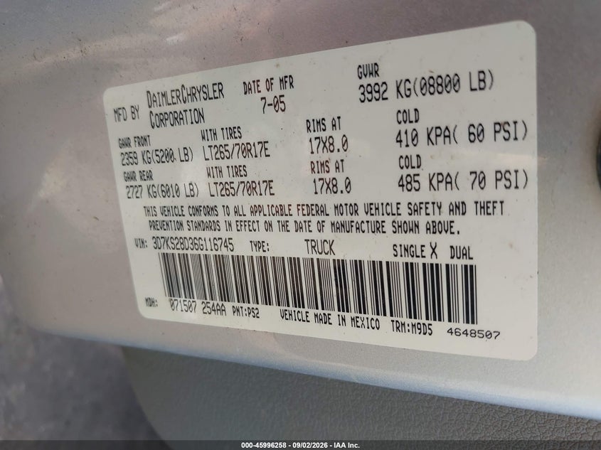 DODGE RAM 2500 2006 VIN 3D7KS28D36G116745