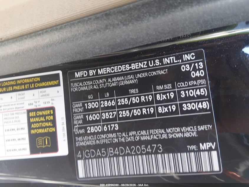 MERCEDES-BENZ ML 350 2013 VIN 4JGDA5JB4DA205473