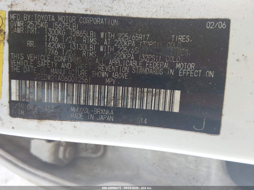 TOYOTA HIGHLANDER HYBRID 2006 VIN JTEDW21A060012561