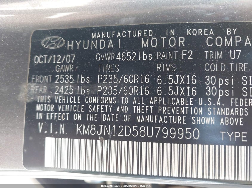 HYUNDAI TUCSON 2008 VIN KM8JN12D58U799950