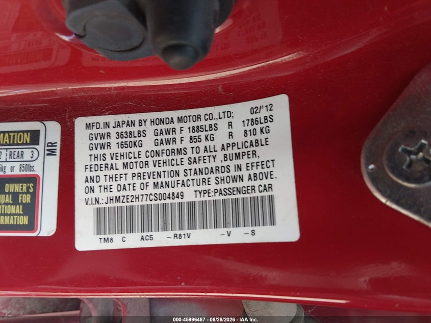 2012 HONDA INSIGHT HATCHBACK 1.3L I-4 VVT, REGULAR , 88HP