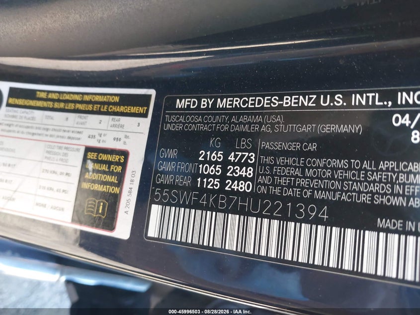 MERCEDES-BENZ C 300 2017 VIN 55SWF4KB7HU221394