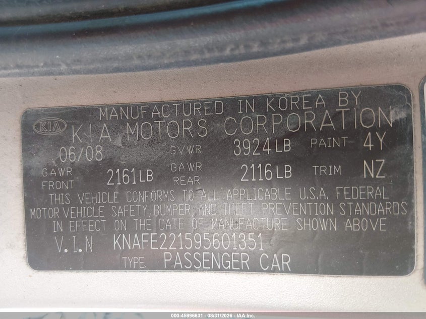 KIA SPECTRA 2009 VIN KNAFE221595601351